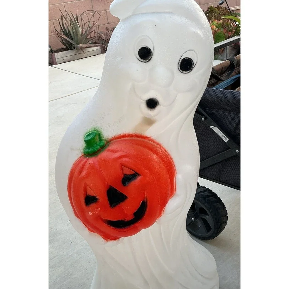 Large Vintage Ghost Blow Mold Holding Pumpkin Halloween Yard Decor 3FT Tall